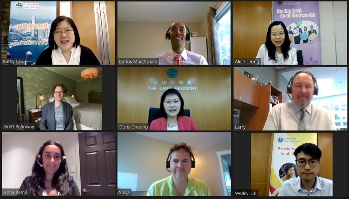 Video conference of the Land Registrar, Ms Doris CHEUNG, JP (centre) and the representatives of the Land Registry with the Director of Land Titles, Mr Carlos MacDonald, Land Title and Survey Authority (LTSA) of British Columbia, Canada and their representatives. Video conference of the Land Registrar, Ms Doris CHEUNG, JP (centre) and the representatives of the Land Registry with the Director of Land Titles, Mr Carlos MacDonald, Land Title and Survey Authority (LTSA) of British Columbia, Canada and their representatives.