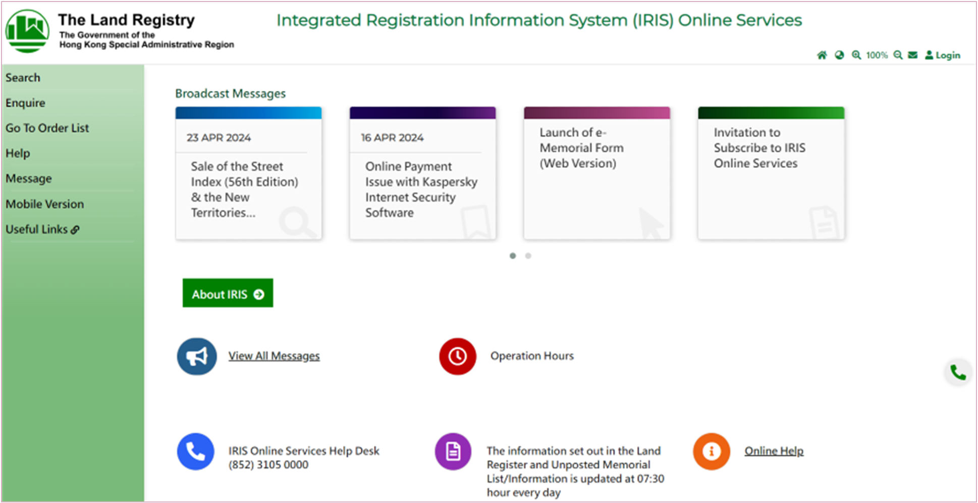 Homepage of IRIS Online Services Homepage of IRIS Online Services